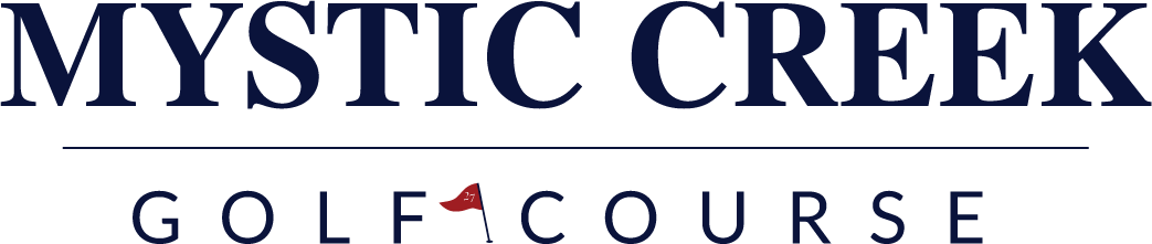 Logo for Mystic Creek Golf Course featuring the name and a red flag icon.